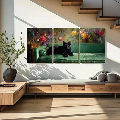 3pcs Black Cat on Green Sofa with Vibrant Floral Metal Print Ready to Hang Art