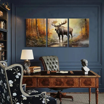 3pcs Majestic Moose Forest Scene Autumn Colors Metal Print Ready to Hang Art
