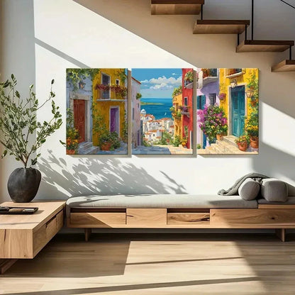 3pcs Vibrant Mediterranean Village Coastal Scenery Metal Print Ready to Hang Art