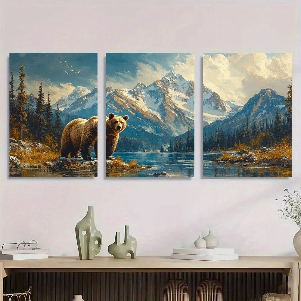 3pcs Forest & Bear Mountains Lush Trees Nature Metal Print Ready to Hang Art