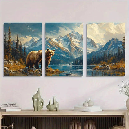 3pcs Forest & Bear Mountains Lush Trees Nature Metal Print Ready to Hang Art