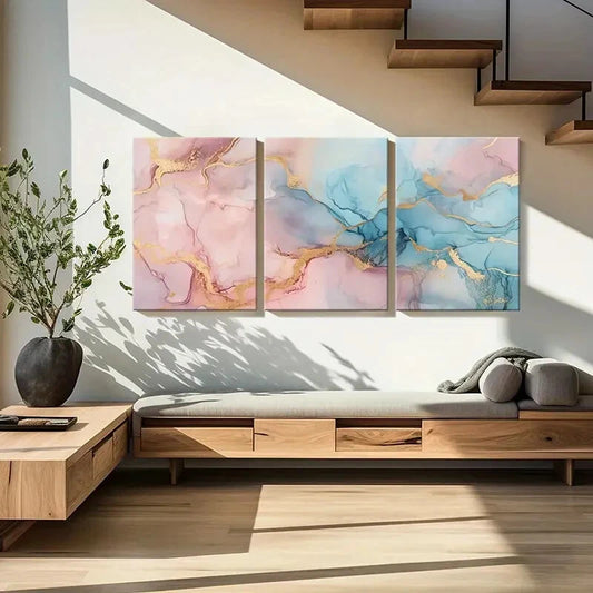 3pcs Marble Texture Abstract Art Golden Accents Metal Print Ready to Hang Art