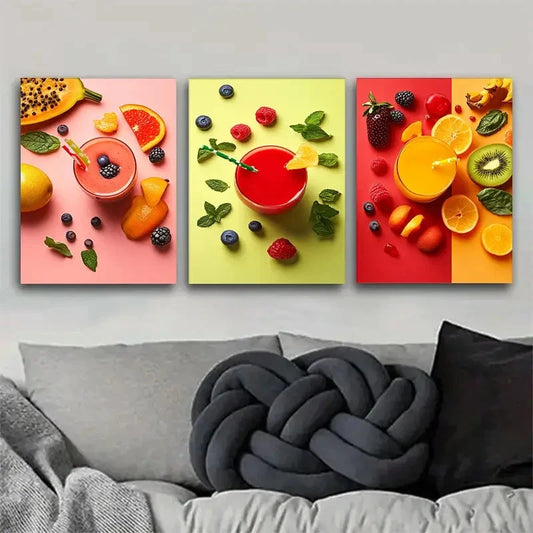 3pcs Vibrant Fruit Smoothie Wall Decor Metal Print Ready to Hang Art