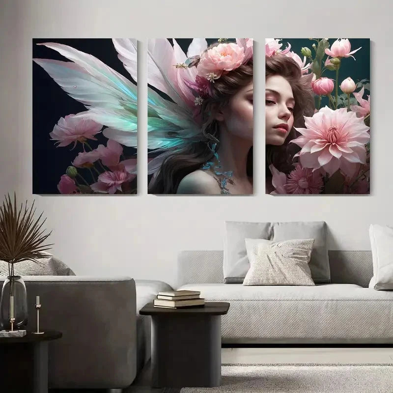 3pcs Enchanting Fairy Angel Pink Roses & Teal Metal Print Ready to Hang Art