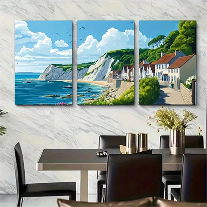 3pcs Dorset Coast Scene with White Cliffs Metal Print Ready to Hang Art