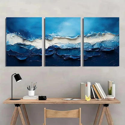 3pcs Along with Blue And White Abstract Ocean Art Metal Print Ready to Hang Art