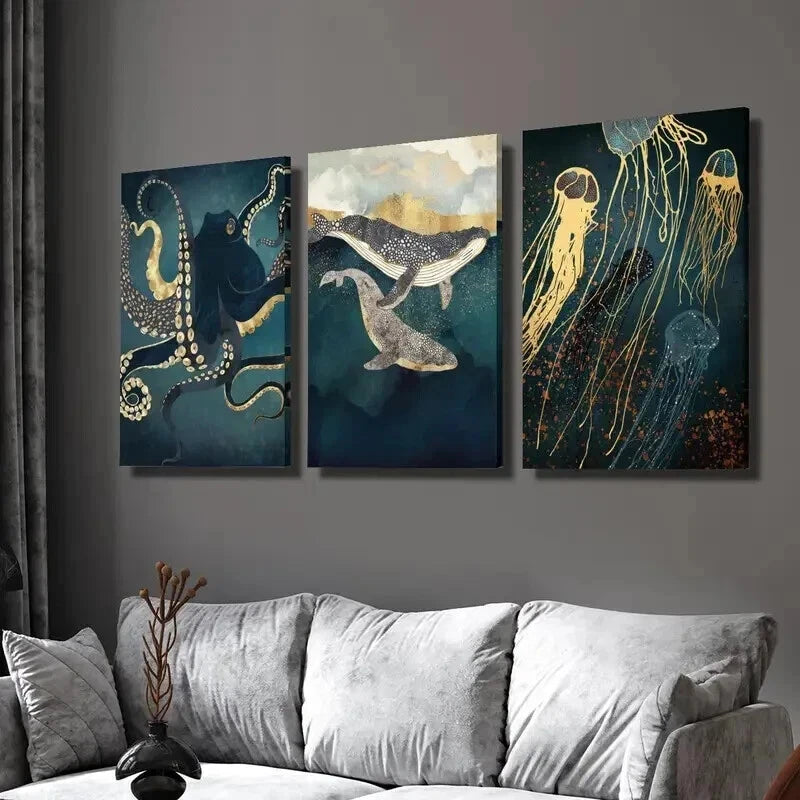 3pcs Abstract Octopus Whale Jellyfish Wall Art Set Canvas Framed 50x70cm - High Quality Print 100% Australian Made Wall Canvas Ready to Hang