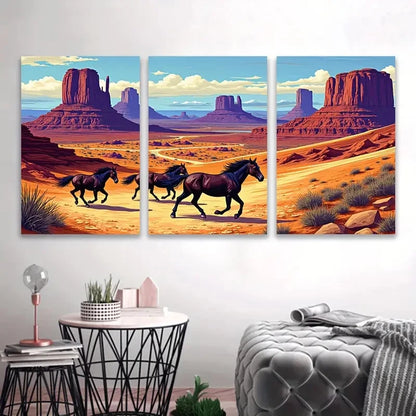3pcs Desert Horses in Red Rock Landscape Wall Art Set Canvas Framed 50x70cm - High Quality Print 100% Australian Made Wall Canvas Ready to Hang