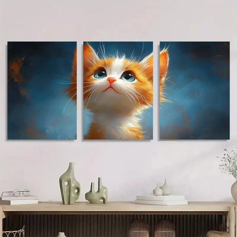 3pcs Cartoon Cat Stunning Blue Eyes Metal Print Ready to Hang Art