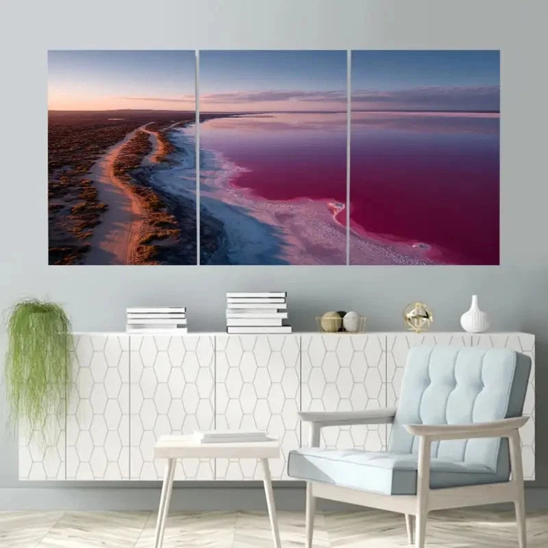 3pcs Pink Lake, Western Australia Wall Art Set Canvas Framed 50x70cm - High Quality Print 100% Australian Made Wall Canvas Ready to Hang