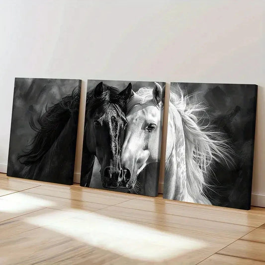 3pcs Black & White Animal Horses Artwork  Wall Art Set Canvas Framed 60x90cm - High Quality Print 100% Australian Made Wall Canvas Ready to Hang