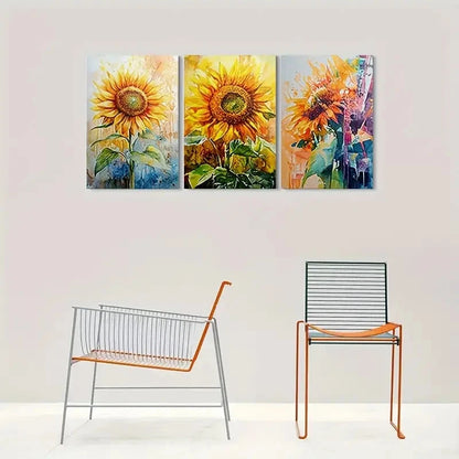 3pcs Sunflower Vibrant Floral Paintings Metal Print Ready to Hang Art