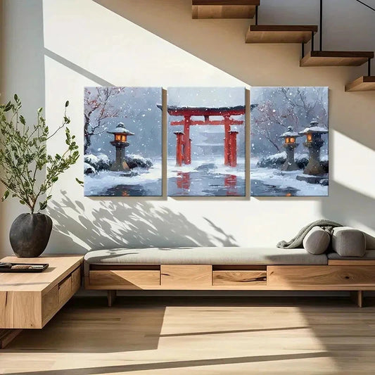 3pcs Snowy Winter Wonderland with Red Lanterns Metal Print Ready to Hang Art