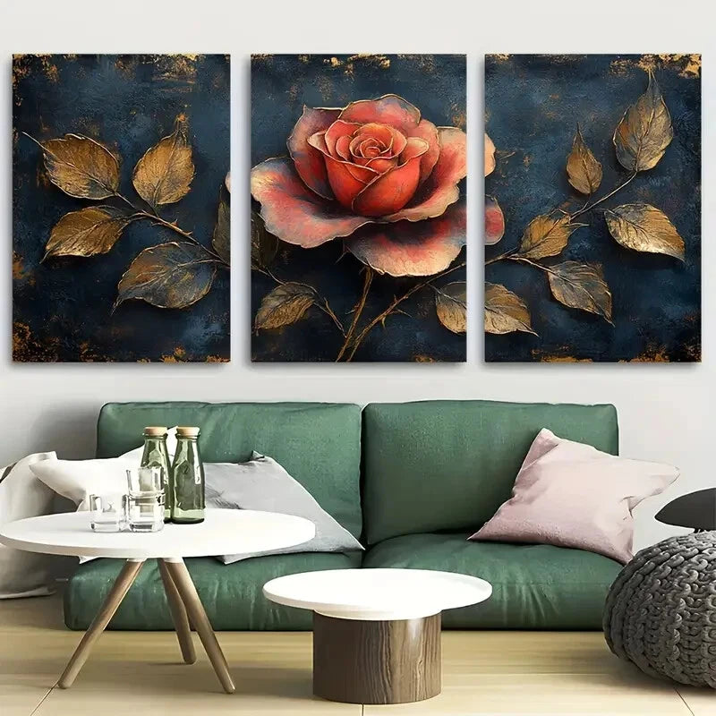 3pcs Surreal Velvet Rose Design Metal Print Ready to Hang Art