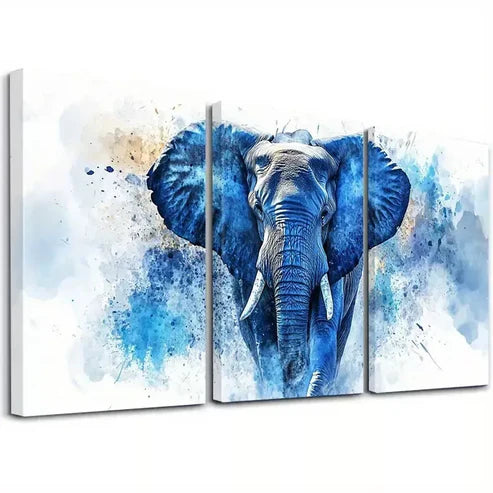 3pcs Majestic Watercolor Textured Blue Elephant Wall Art Set Canvas Framed 60x90cm - High Quality Print 100% Australian Made Wall Canvas Ready to Hang