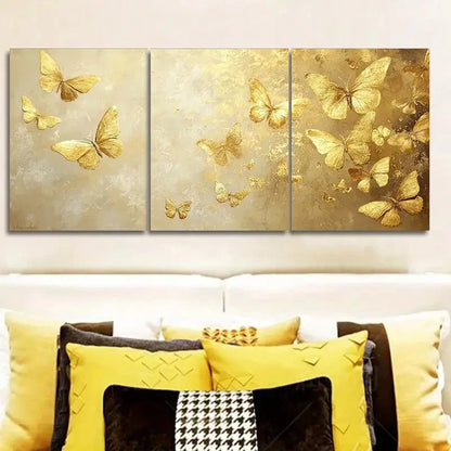 3pcs Golden Foil Butterfly Oil Paintings Metal Print Ready to Hang Art