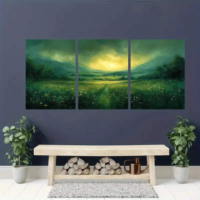 3pcs Verdant Meadow Landscape Abstract Nature Metal Print Ready to Hang Art