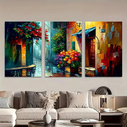 3pcs Vibrant Floral & Urban Street Scene Metal Print Ready to Hang Art
