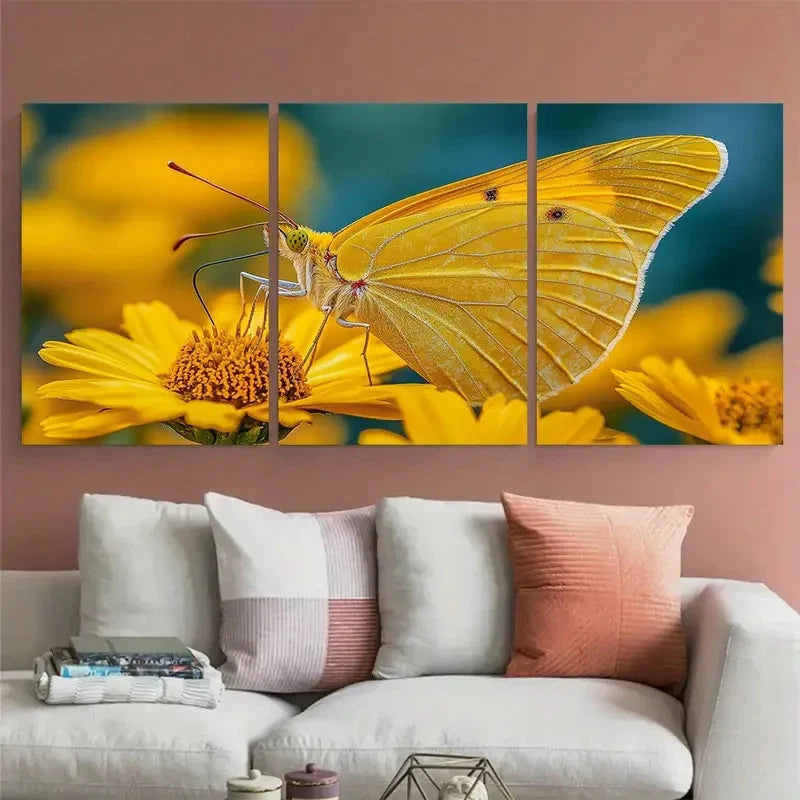 3pcs Vibrant Bright Yellow Butterfly Summer Flower Metal Print Ready to Hang Art