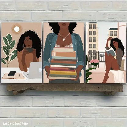 3pcs Black Girl Art Book Art Poster Reading Girl Metal Print Ready to Hang Art