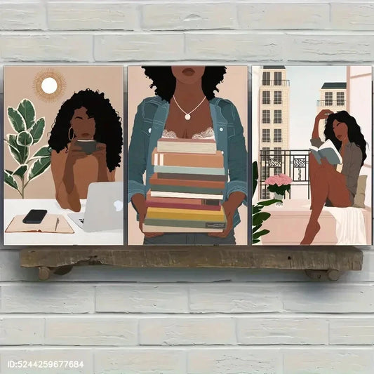 3pcs Black Girl Art Book Art Poster Reading Girl Metal Print Ready to Hang Art