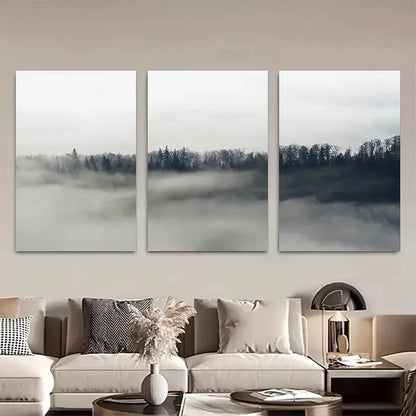 3pcs Blue & Grey Landscape with Foggy Trees Metal Print Ready to Hang Art
