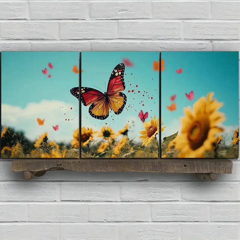 3pcs Sunflowers And Butterflies Metal Print Ready to Hang Art