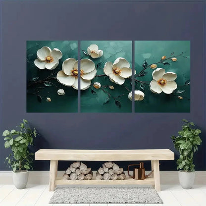3pcs Abstract White Floral Oil Painting Metal Print Ready to Hang Art