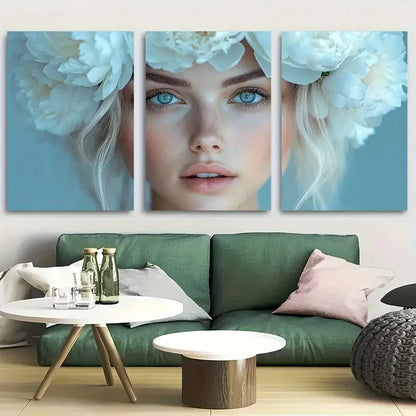3pcs Stylish Woman with White Peonies Flowers Metal Print Ready to Hang Art