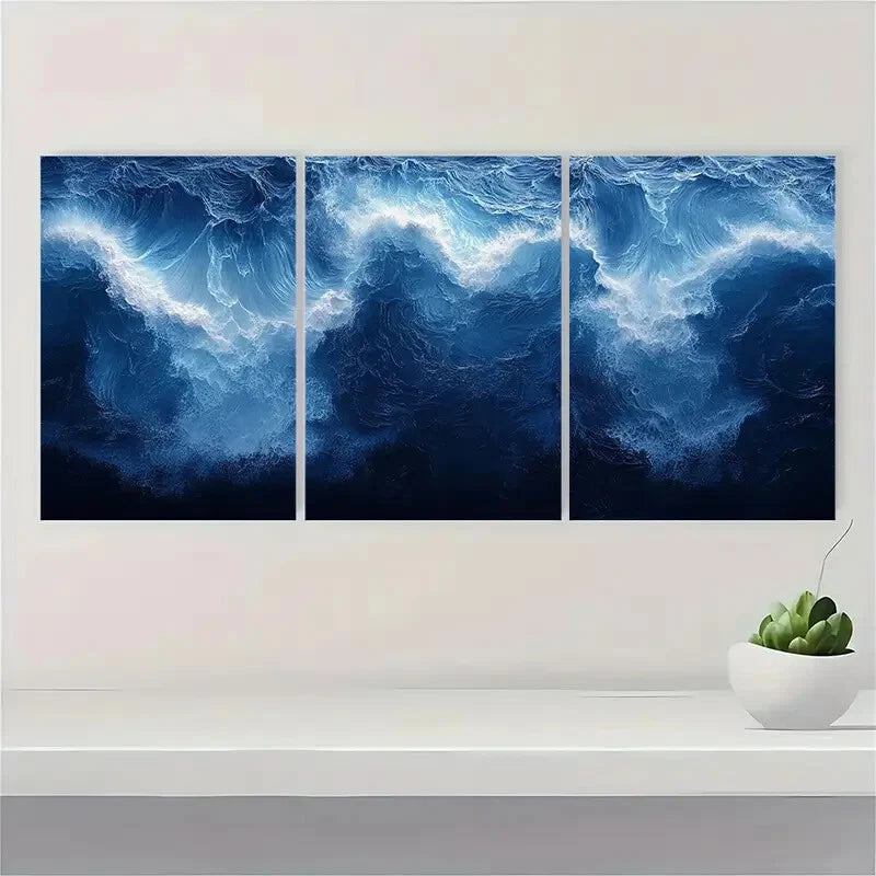 3pcs Abstract Blue White Ocean Art Print Metal Print Ready to Hang Art