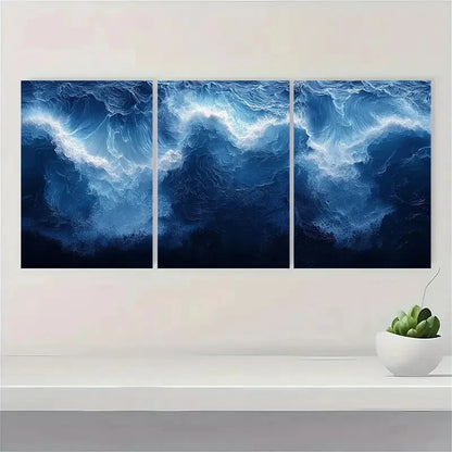 3pcs Abstract Blue White Ocean Art Print Metal Print Ready to Hang Art