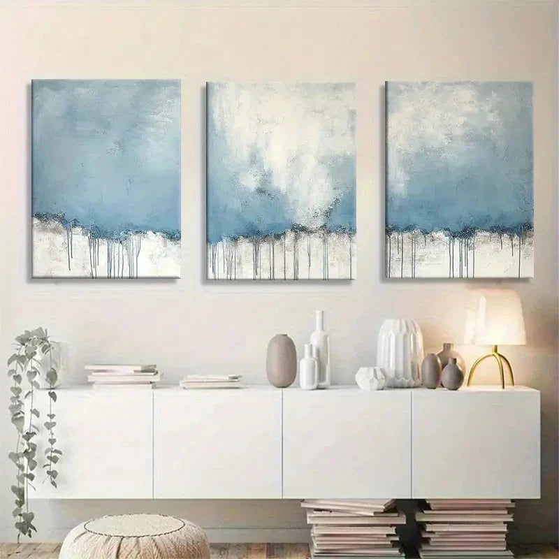 3pcs Serene Blue Abstract Art with Drip Effect Metal Print Ready to Hang Art