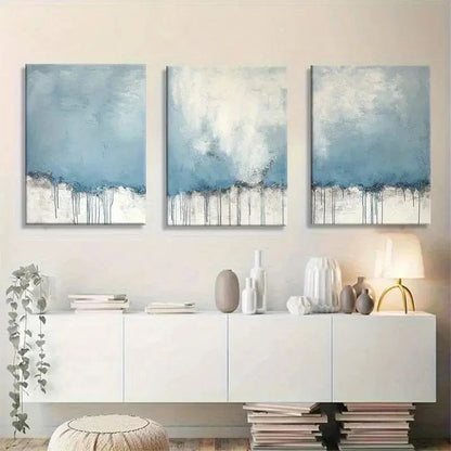 3pcs Serene Blue Abstract Art with Drip Effect Metal Print Ready to Hang Art