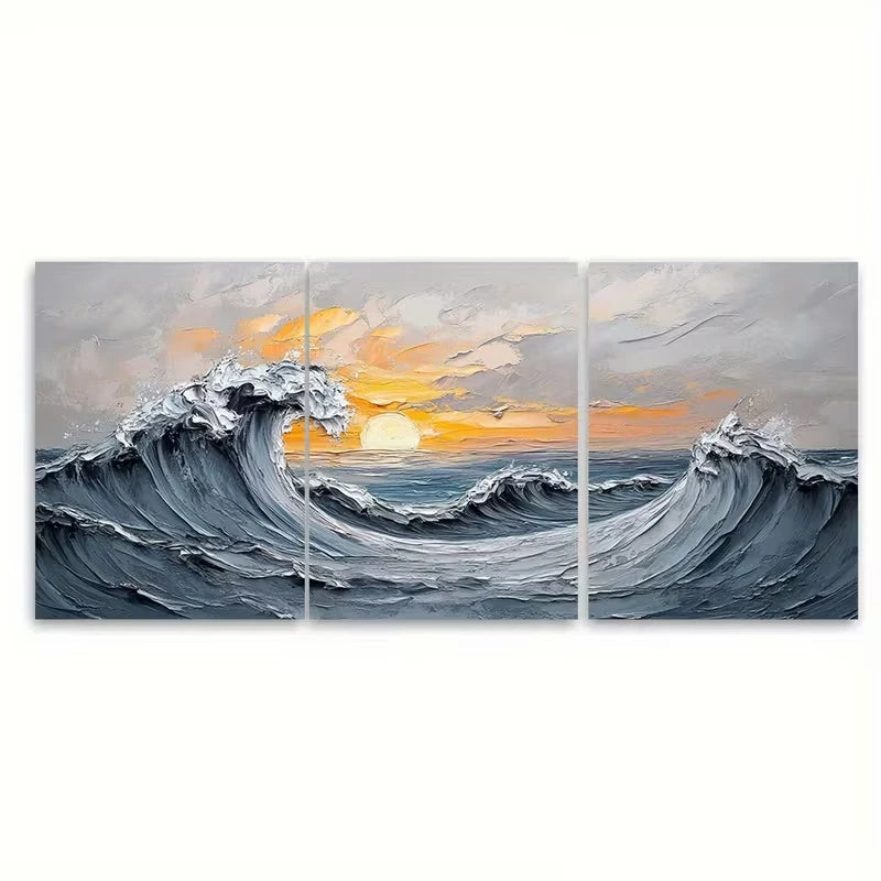 3pcs Gray Ocean Wave Metal Print Ready to Hang Art