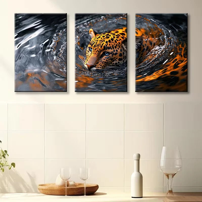 3pcs Luxurious swimming leopard Wall Art Set Canvas Framed 60x90cm - High Quality Print 100% Australian Made Wall Canvas Ready to Hang