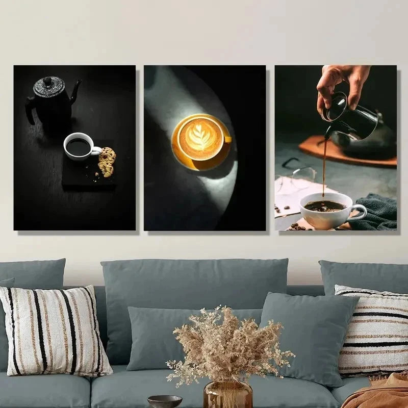 3pcs Black Coffee & Cake Espresso Perfect Wall Art Set Canvas Framed 40x60cm - High Quality Print 100% Australian Made Wall Canvas Ready to Hang