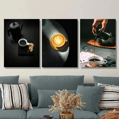 3pcs Black Coffee & Cake Espresso Perfect Wall Art Set Canvas Framed 40x60cm - High Quality Print 100% Australian Made Wall Canvas Ready to Hang