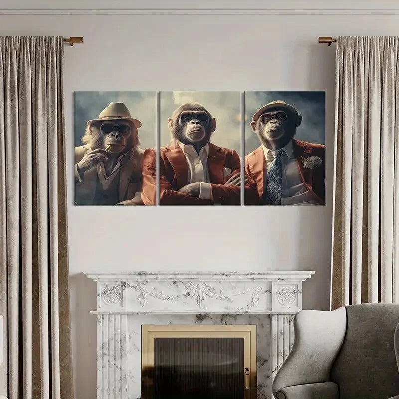 3pcs Stylish Monkeys in Suits Fashion Glasses Metal Print Ready to Hang Art