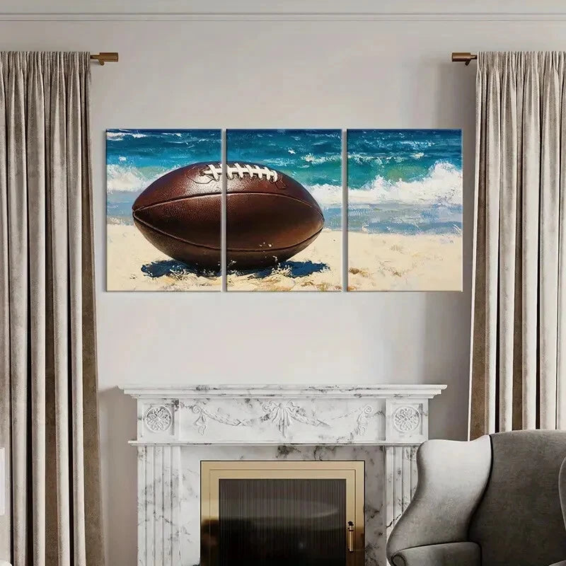 3pcs Ocean Waves Football Art Rugby Sports Theme Metal Print Ready to Hang Art