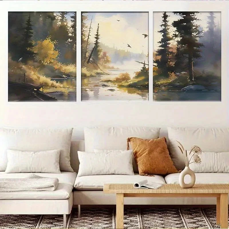 3pcs Forest Stream Serene Sunrise with Misty Trees Metal Print Ready to Hang Art