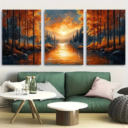 3pcs Vibrant Autumn Sunny Forest River Metal Print Ready to Hang Art