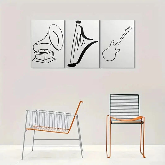 3pcs Black Line Drawing Musical Instruments Metal Print Ready to Hang Art
