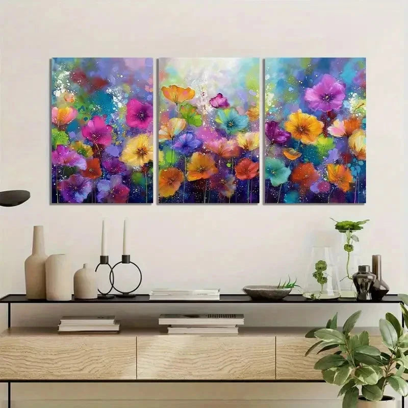 3pcs Colorful Floral Garden with Bokeh Effects Metal Print Ready to Hang Art