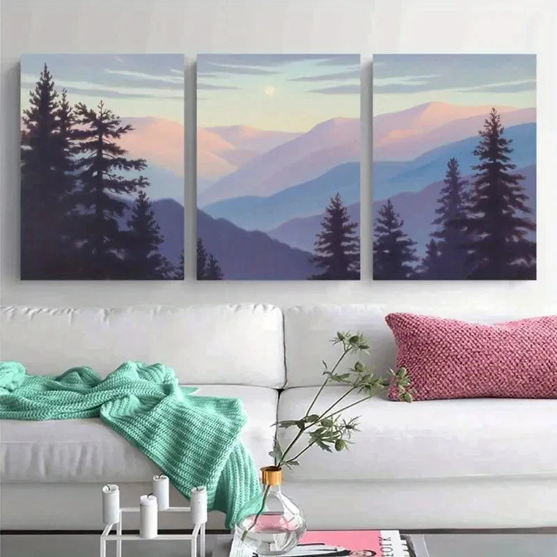 3pcs Pine Trees Mountains Landscape Painting Metal Print Ready to Hang Art