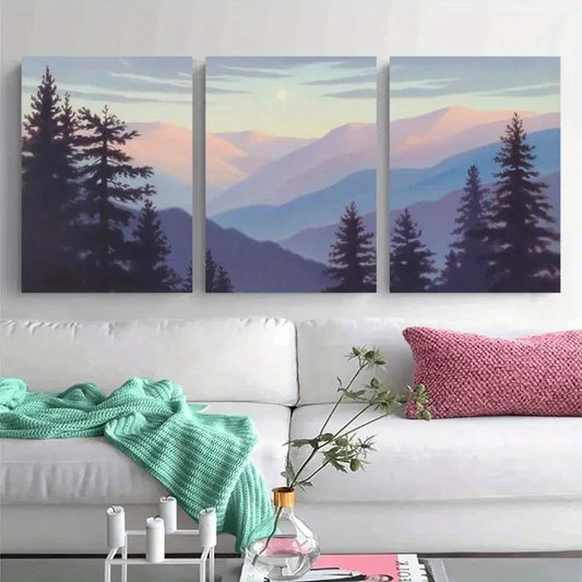 3pcs Pine Trees Mountains Landscape Painting Metal Print Ready to Hang Art