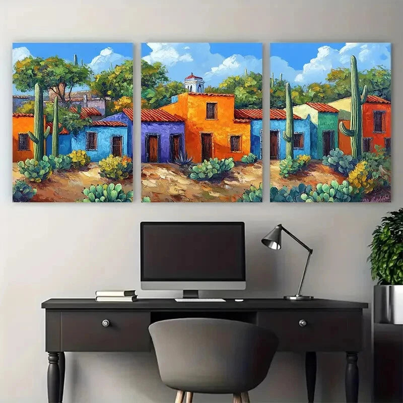 3pcs Vibrant Mexican Hacienda Old Town Metal Print Ready to Hang Art
