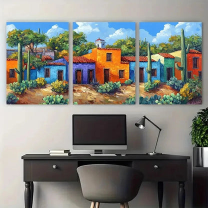 3pcs Vibrant Mexican Hacienda Old Town Metal Print Ready to Hang Art