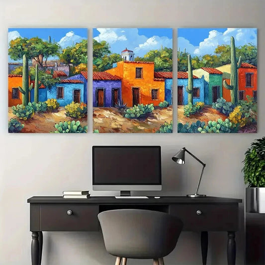 3pcs Vibrant Mexican Hacienda Old Town Metal Print Ready to Hang Art