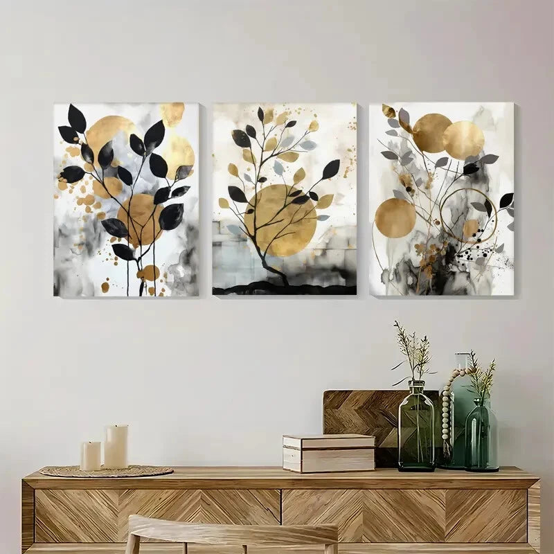 3pcs Black & Golden Watercolor Abstract Wall Art Metal Print Ready to Hang Art