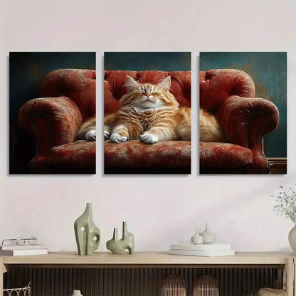 3pcs Playful Orange & White Cat on Plush Metal Print Ready to Hang Art